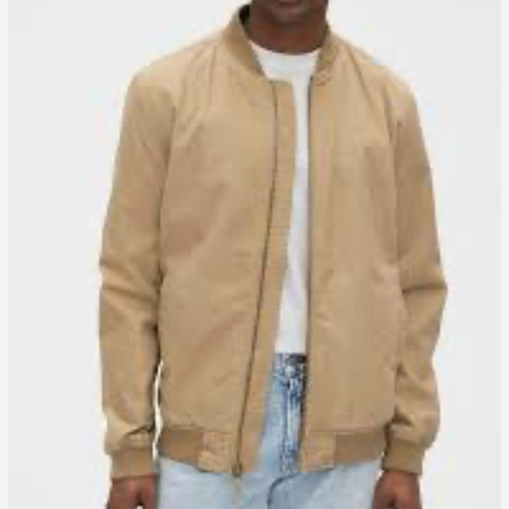 GAP Men’s Tan Cotton Varsity Bomber Jacket Ribbed Cuffs Full-Zip‎ Size Large